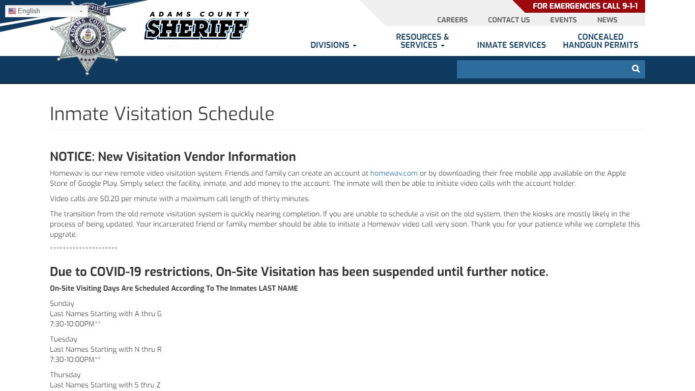 Inmate Visitation Schedule | Adams County Sheriff's Office